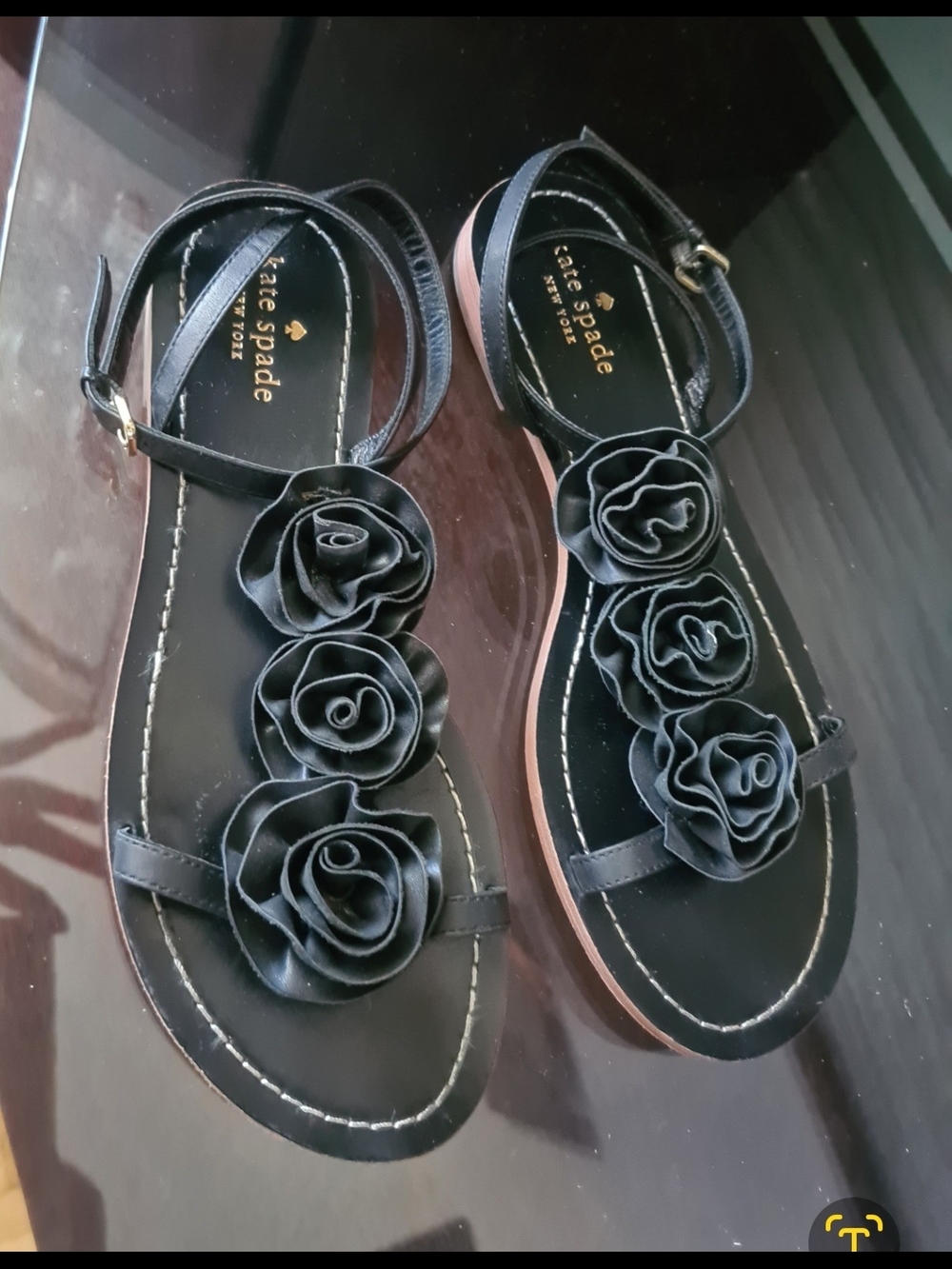 kate spade black leather floral-rose ankle strap sandals